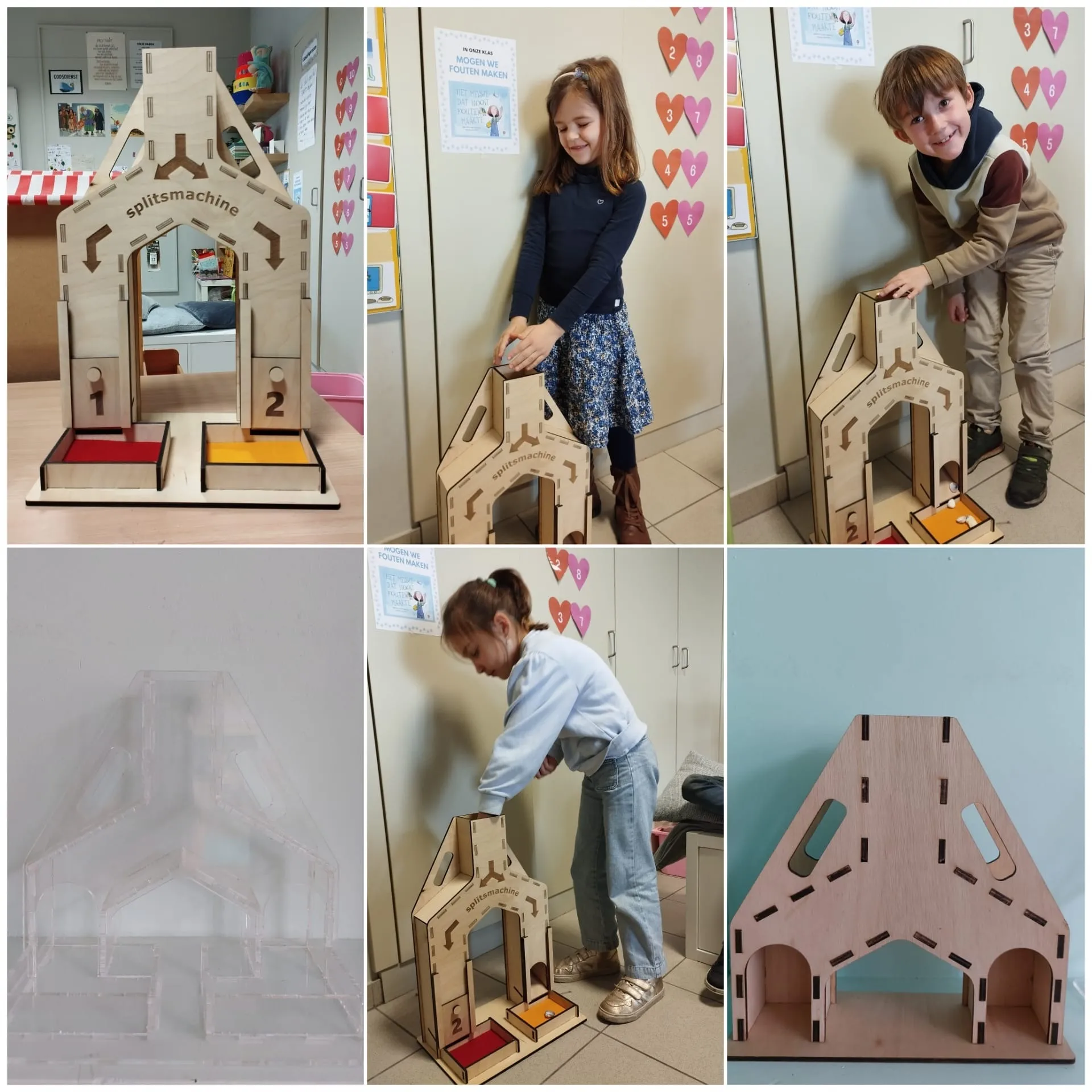 foto-collage van 6 foto's waar leerlingen van de lagere school de splitsmachine gebruiken. Deze machine splits bijvoorbeeld 10 knikkers in de twee benen van dit toestel. Als er links 4 knikkers uitrollen moeten de leerlingen raden hoeveel knikkers er uit het rechterbeen rollen als het poortje geopend wordt.